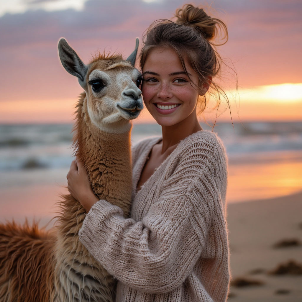 Девушка обнимает викунью