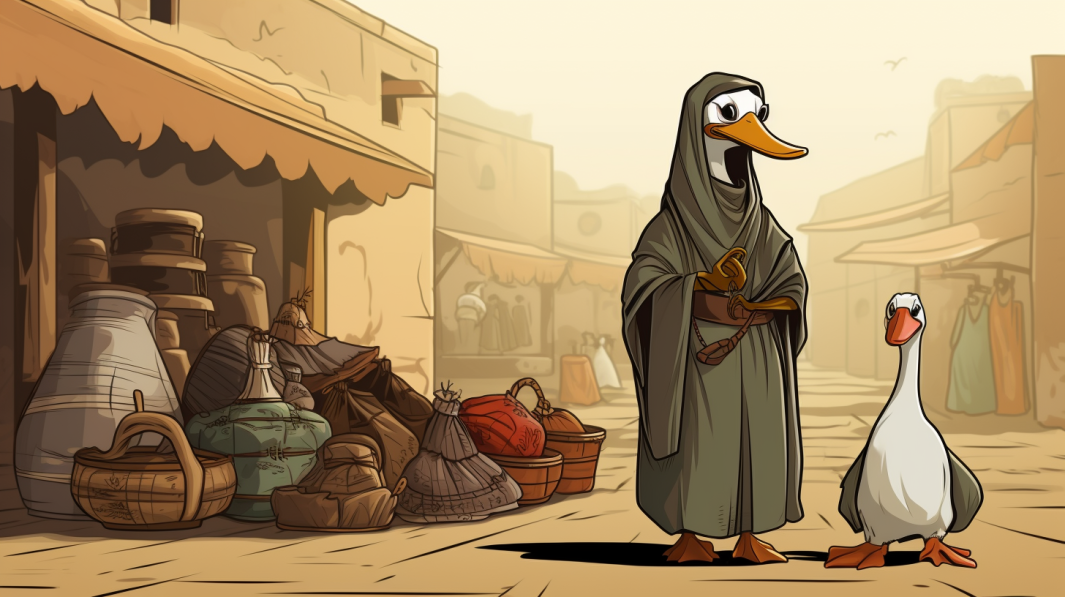 female duck medieval seller on a trade market, arabic clothes, cartoon comics style, --ar 16:9