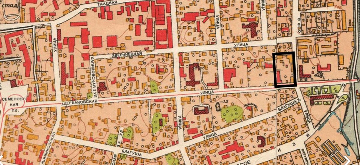 Фрагмент карты Москвы 1952 г. Приблизительное место владения Ф. Э. Цельма. 
