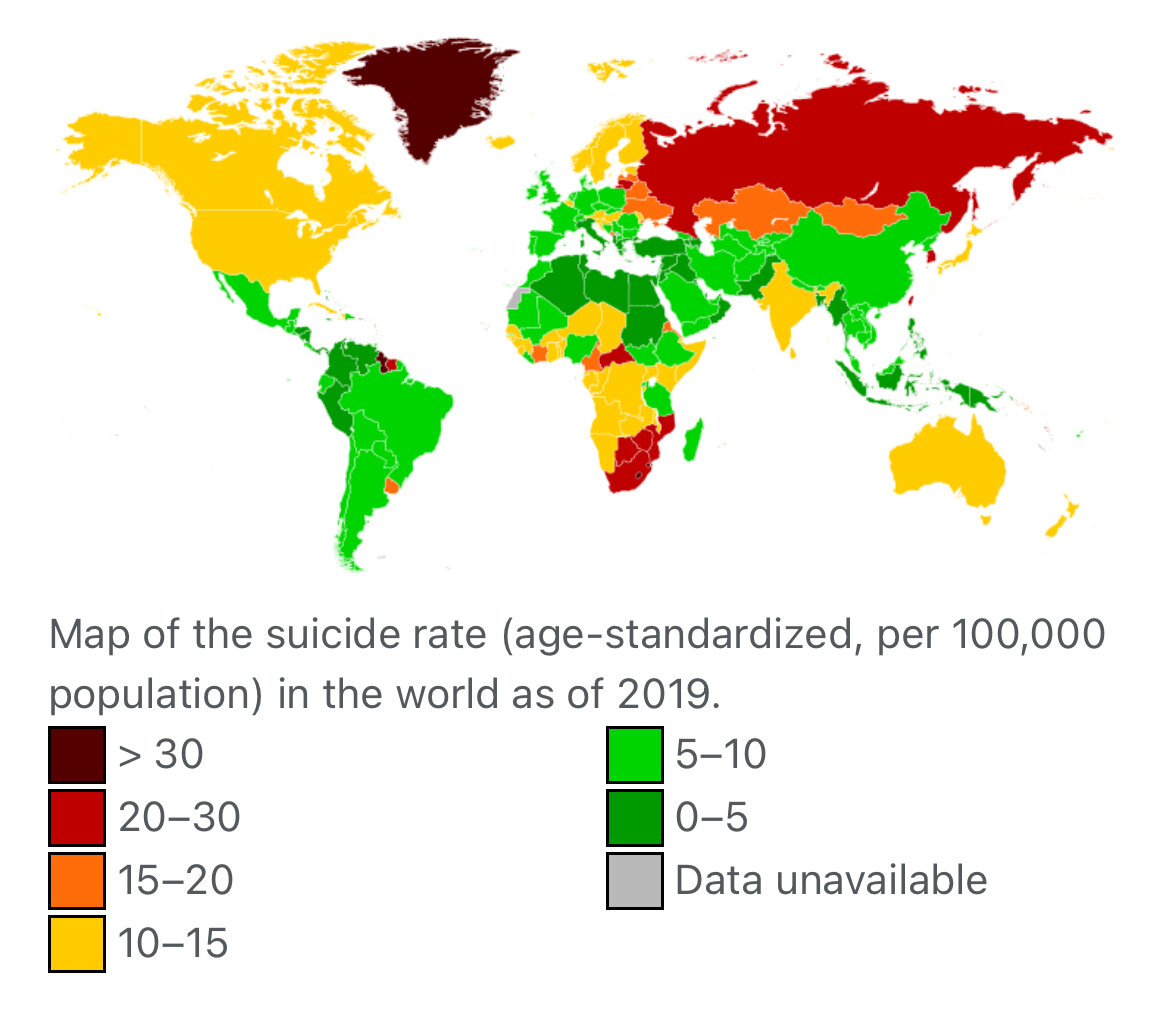 Карта мира с показателями по самоубийствам.  Предоставлена ВОЗ