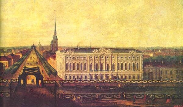 Невский проспект от берега Мойки с дворцом Строганова. Неизв.худ. Серед. 1750-х гг.