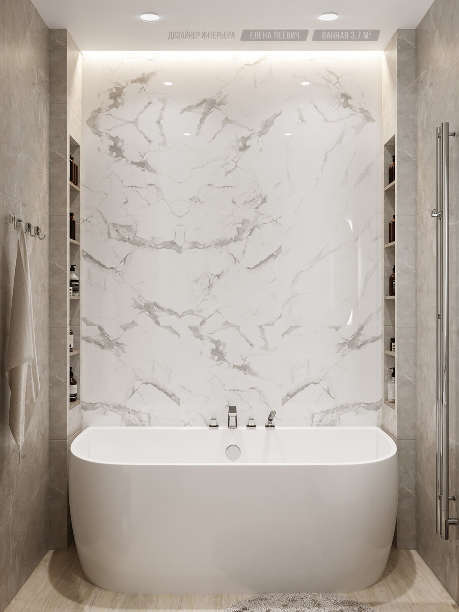 На стене белый керамогранит под мрамор, плитка 60x120 см, фабрика NT Ceramic, коллекция Marmo.