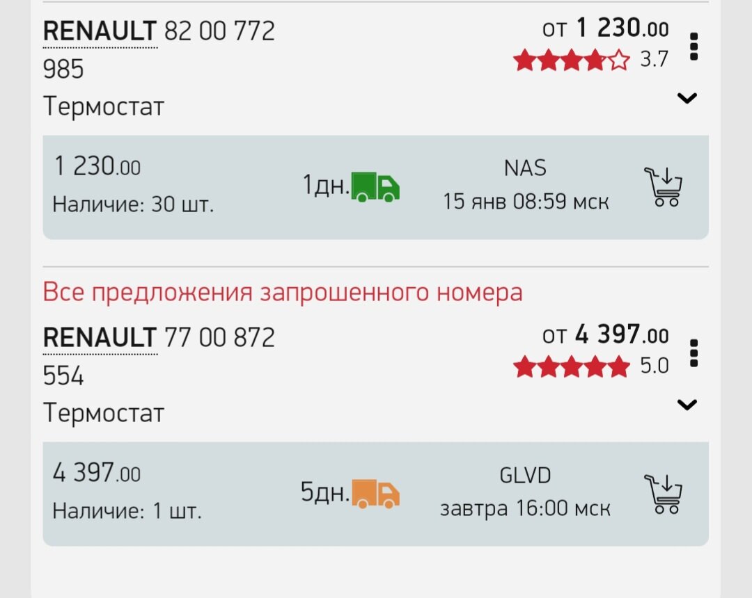 Скриншот страницы Автодок с ценами по состоянию на январь 2024 года.