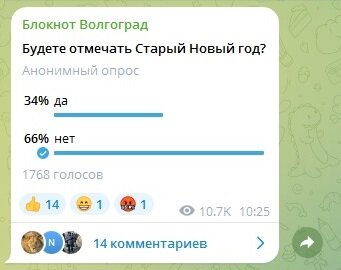 И все же у даты 13 января до сих пор есть поддержка. Ее поддержали 34% респондентов. Многие уверены, что это более правильный Новый год, с «правильным» снегом. Кто-то подчеркивает, что не перестает верить в традиции. Впрочем, не все готовы отмечать праздник типичными посиделками за столом:   
 
 - Отметим пробежкой 8 километров! 
   - Да ладно, можно и отметить.  
 - Старый Новый год - это старая русская традиция, поэтому кто не с нами, тот против нас.  
  - Главное пообщаться со своими друзьями, родными и близкими!   
 - Это настоящий Новый Год, поэтому и снег всегда выпадает правильно. 
 
 Напомним, в эту ночь наш постоянный астролог рекомендовала не лишать себя возможности загадать в очередной раз свое самое сокровенное желание. 
 
 Старый Новый год встречают в ночь с 13 на 14 января. Эта дата остается неизменной из года в год. Праздник считается больше народным, чем официальным. Люди стараются собираться в семейном кругу, устраивать небольшие посиделки, если есть такая возможность, поскольку в это время обычно длинные новогодние каникулы заканчиваются. 14 февраля 1918 года в РСФСР начала действовать новая система летоисчисления. Эта дата превратилось в 1 февраля, а традиционный Новый год, который к тому моменту отмечали в ночь с 31 декабря на 1 января, сдвинулся на ночь с 13 на 14 января. Старый Новый год по сути это и есть дань старому, юлианскому календарю, то же 1 января. Многие так и не смогли отказаться от этой даты, хотя с размахом его отмечать все же не принято.Согласно анонимному опросу в тг-канале «Блокнот Волгоград»,  большинство волгоградцев решили, что официальный Новый год давно прошел. Таким образом на вопрос «Будете отмечать Старый Новый год?» нет ответили 66% опрошенных. Многие ссылаются на наступившие рабочие будни и повседневные безотлагательные дела, заботы:  
 
 - Все умные, разумные люди работают как папа Карло.  
 - А не с кем отмечать, родители болеют, мужу через три часа на поезд.📷
