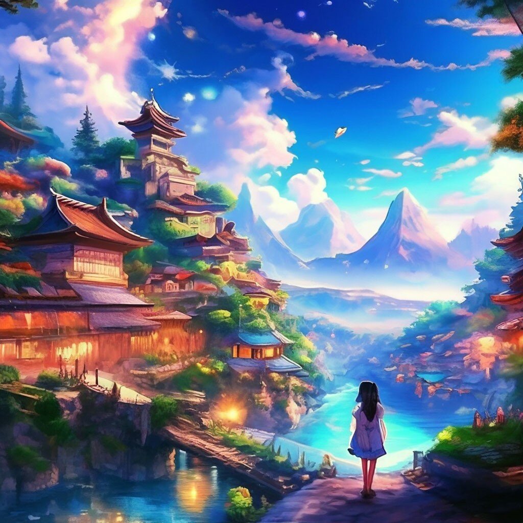 "Сказочный пейзаж "-иллюстрация Девушки в лучах заката