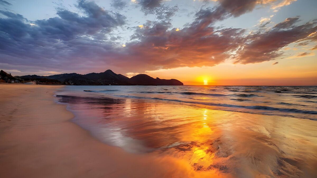 Море, пляж, песок, закат, отдых, лето, облака, горы, тропики, лето. Ai Art