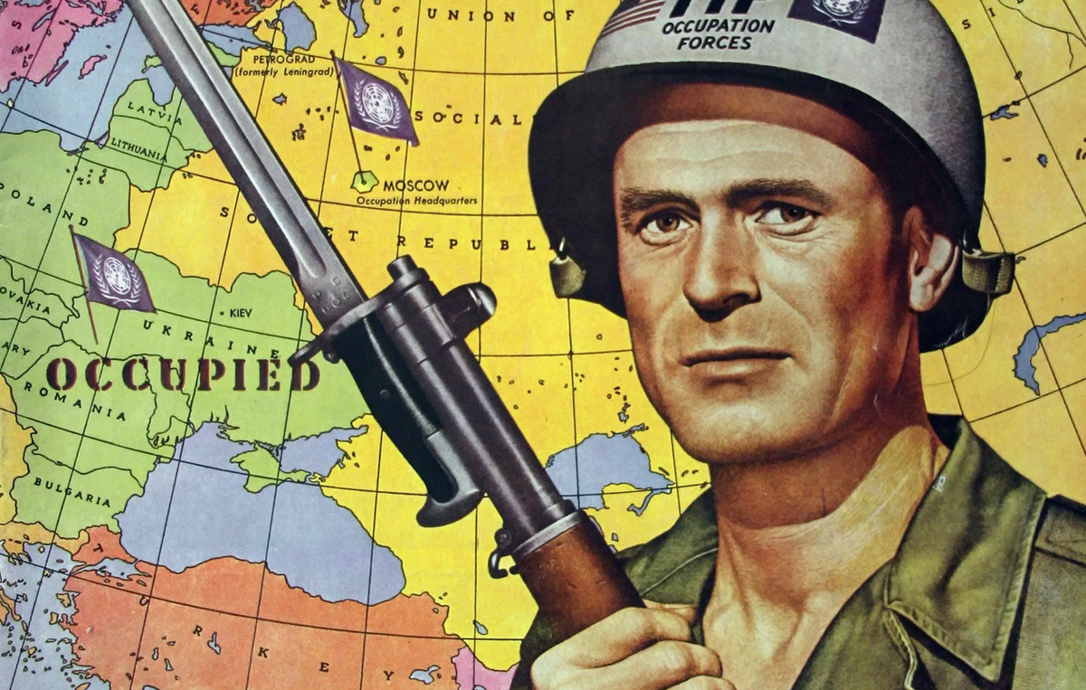 Вот он, тот самый натовский агрессор, с плаксивым взглядом. Очень похож на американского актера и их будущего президента Рональда Рейгана. Плакат 1951 года. Мечты США о захвате Киева (всей Украины) и Москвы войсками ООН, читай НАТО, Фото из открытых источников.