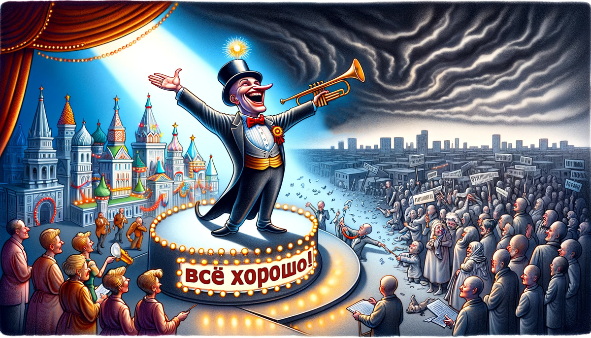 Современная Россия — грандиозное шоу "всё хорошо!". Авторские права на карикатуру принадлежат медиагруппе "Хакнем" и защищены товарным знаком ®️