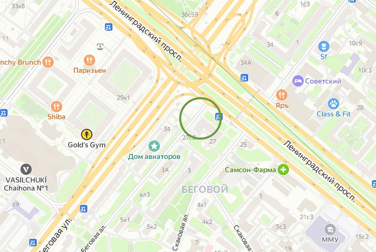 Предполагаемое расположение станции "Бега" на современной карте Москвы. Яндекс.Карты.