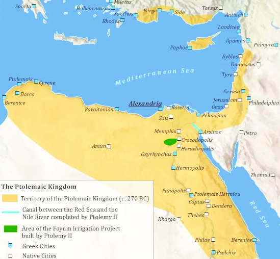 Рис. 2. Египет Птолемеев в 270 году до н.э. Голубыми квадратиками выделены греческие города. В Заиорданьи так обозначены два города – Гераса и Филадельфия (современный Амман)