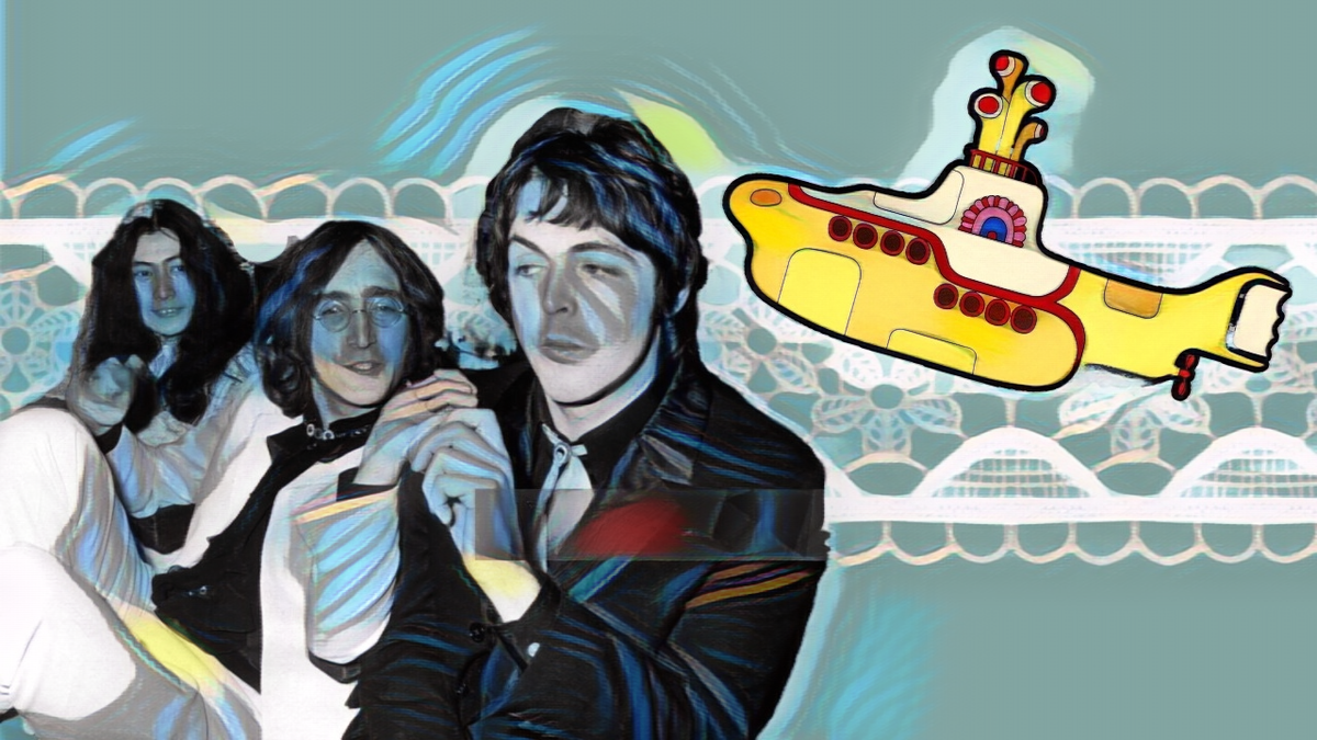 Йоко Оно, Джон Леннон, Пол Маккартни в зале в Лондонском павильоне на премьере фильма "Желтая подводная лодка