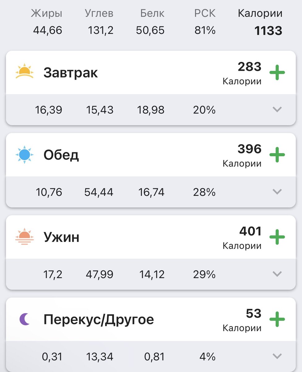 Скрин из приложения расчета калорий