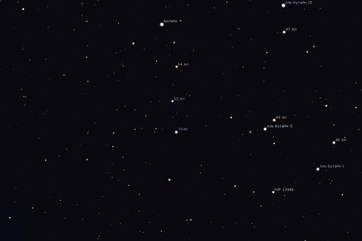 Положение Урана относительно звёзд созвездия Овна в середине января 2024 года, изображение из открытых источников