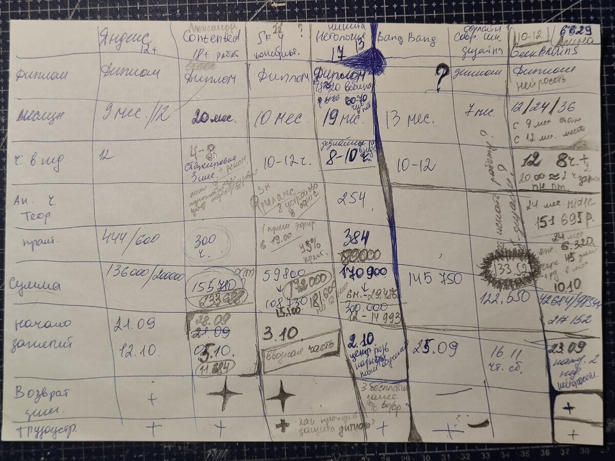 Ручкой написана информация, которую я получила, изучая сайт платформы, а карандашом - уже полученная от менеджера