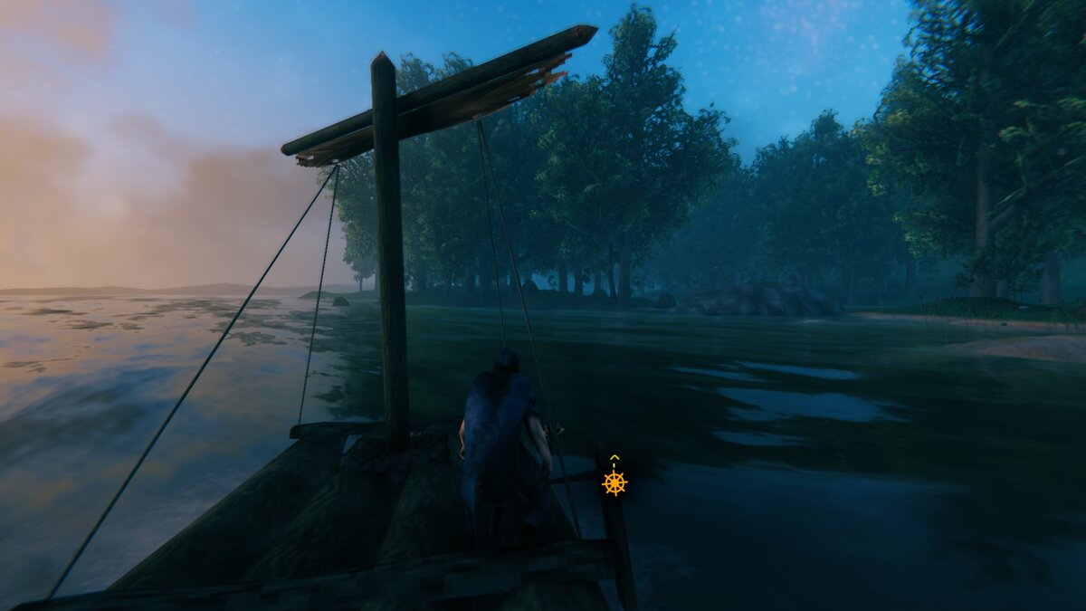 На плоту рано утром (значок штурвала — игровой, помогает управлять плотом). Скриншот из мира игры Valheim