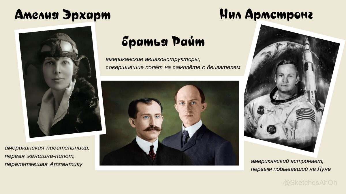 Коллаж автора: Амелия Эрхарт, братья Райт, Нил Армстронг