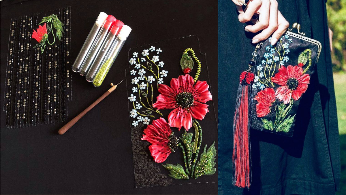 Вышивка сумочки Ла Финике и сумочка в сборке. Вышивка начинается с тамбурного шага