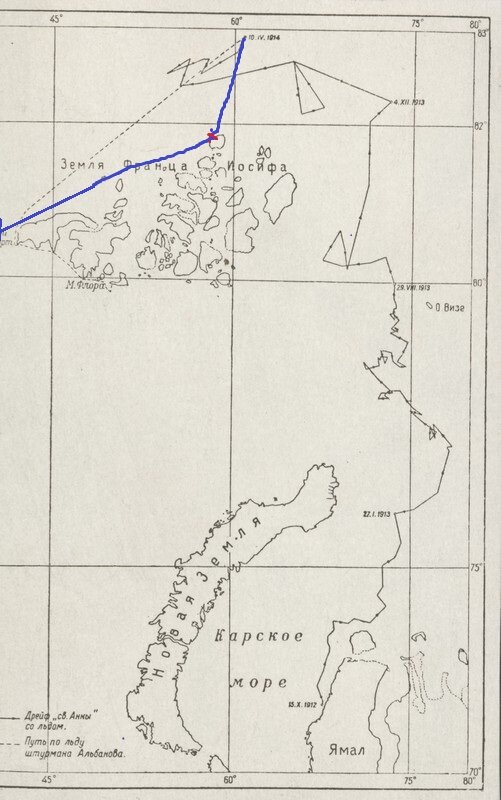 Предполагаемый путь Святой Анны после освобождения из ледового плена летом  - в июле 1914 года своим ходом под парами.
