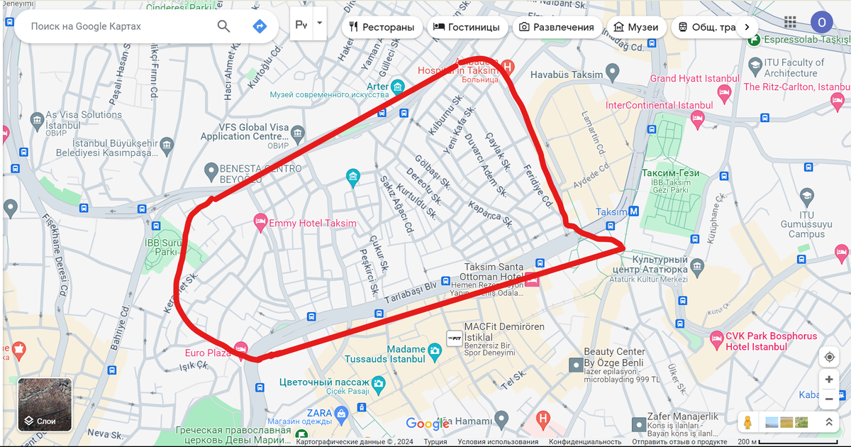 Район Тарлабаши на карте. Участок между большими дорогами Tarlabaşı blv и Irmal Cd.