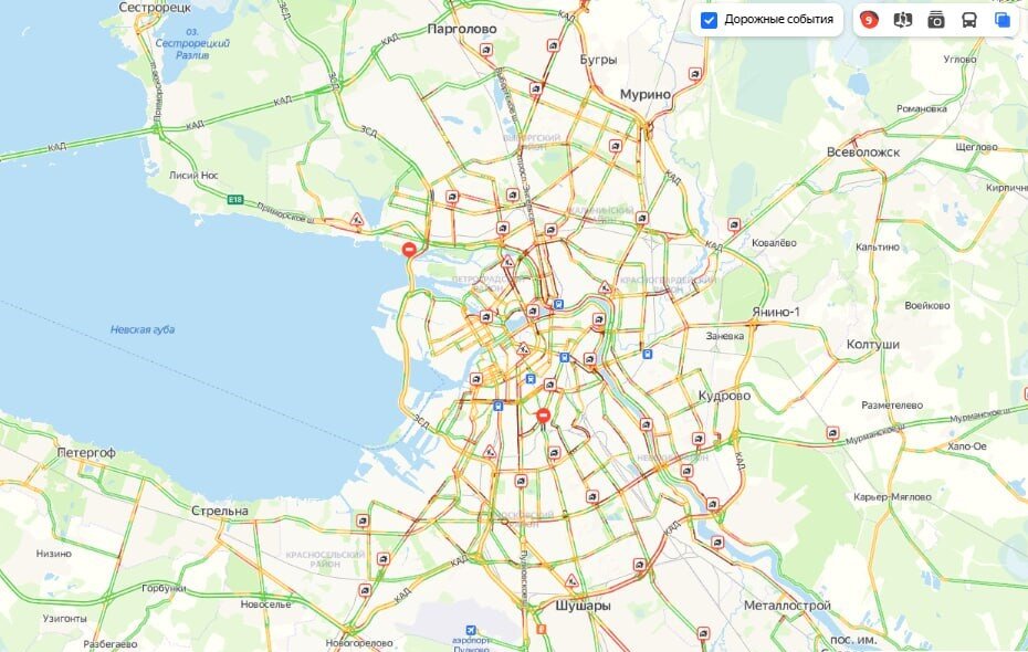    Обстановка на дорогах Петербурга вечером 15 января 2024 года. Автор фото: "Яндекс.Пробки"