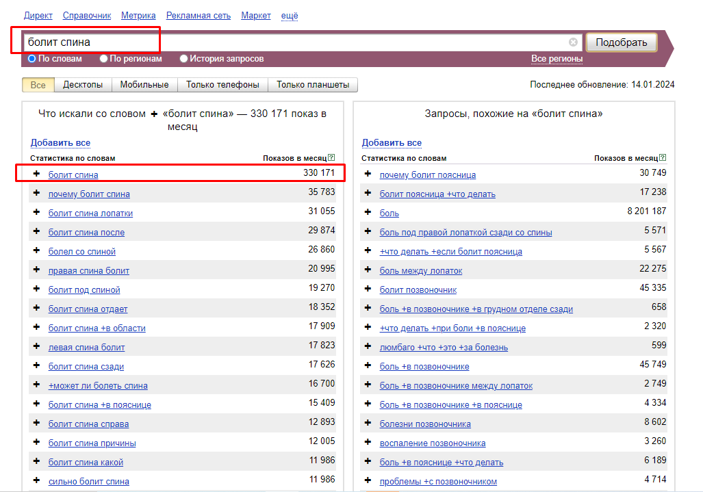 По запросу «болит спина» 330171 запрос от пользователей интернета в месяц. 