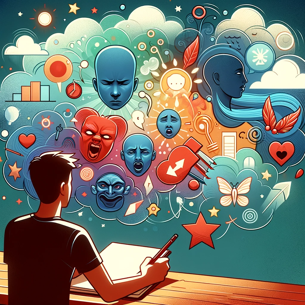 Человек анализирует свой сон с помощью журнала сновидений, записывая ключевые элементы, такие как эмоции, персонажи, символики и цвета, на фоне абстрактных элементов сна