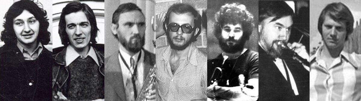Состав, о котором пойдет речь; слева направо: Стас Намин, Александр Лосев, Алексей Козлов, Игорь Саульский, Александр Чиненков, Вадим Ахметгареев, Андрей Заседателев. Коллаж из фотографий 70-х годов.