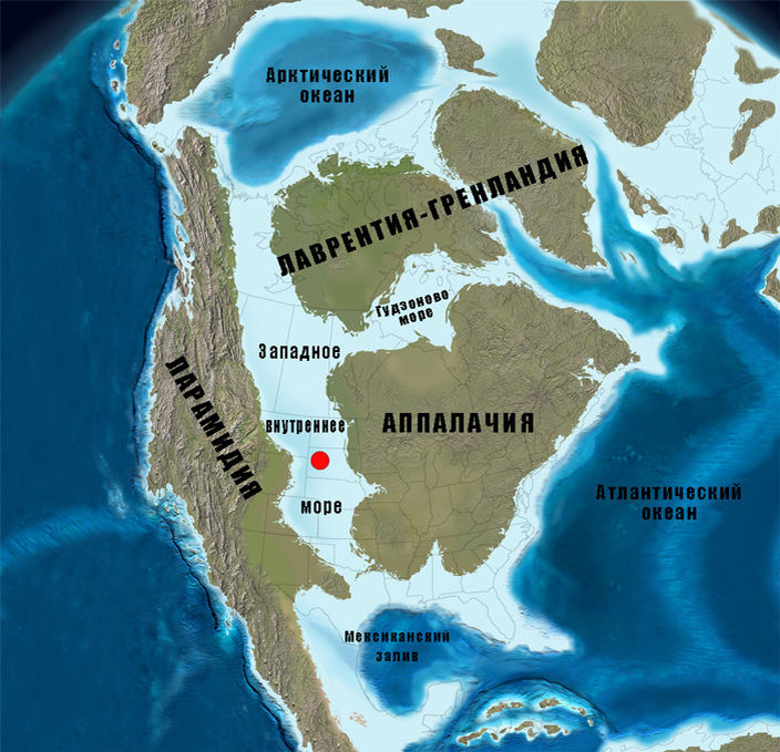 Северная Америка в Кампане; место обнаружения краба отмечено красной точкой