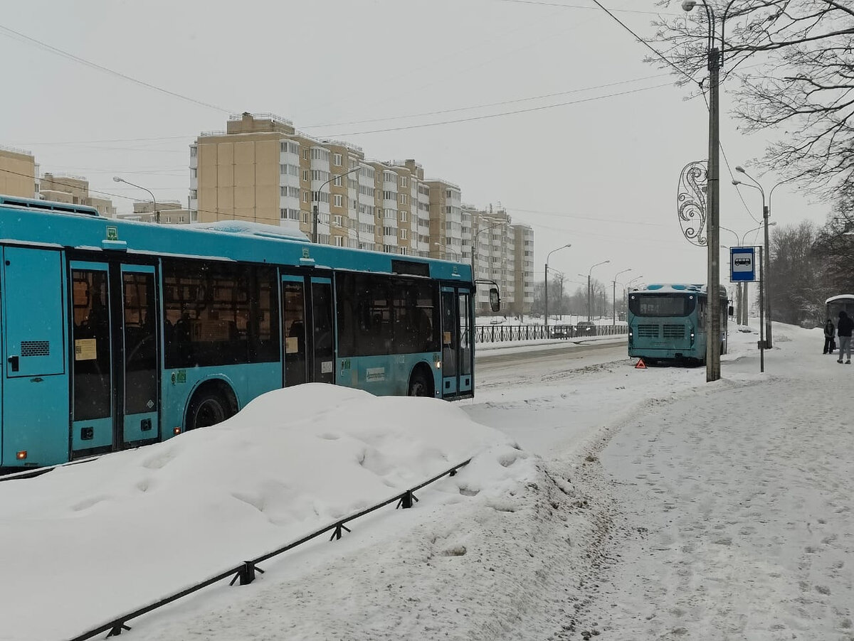 Два пассажирских автобуса вынужденно сошли с маршрута, не поделив дорогу в  Красносельском районе Петербурга 15 января. Читайте на 