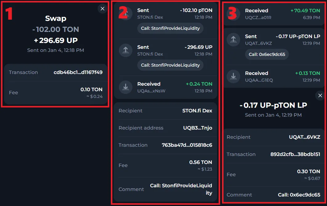 Расходы на запуск фермы. 1) Обмен $TON на $UP. 2) Отправка $TON и $UP в пул ликвидности. 3) Отправка очков ликвидности в ферму.