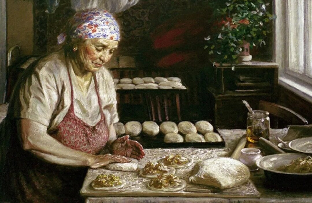Женщина пекущая хлеб. Бабушка с пирожками. Женщина печет хлеб. Картины с пирогами.