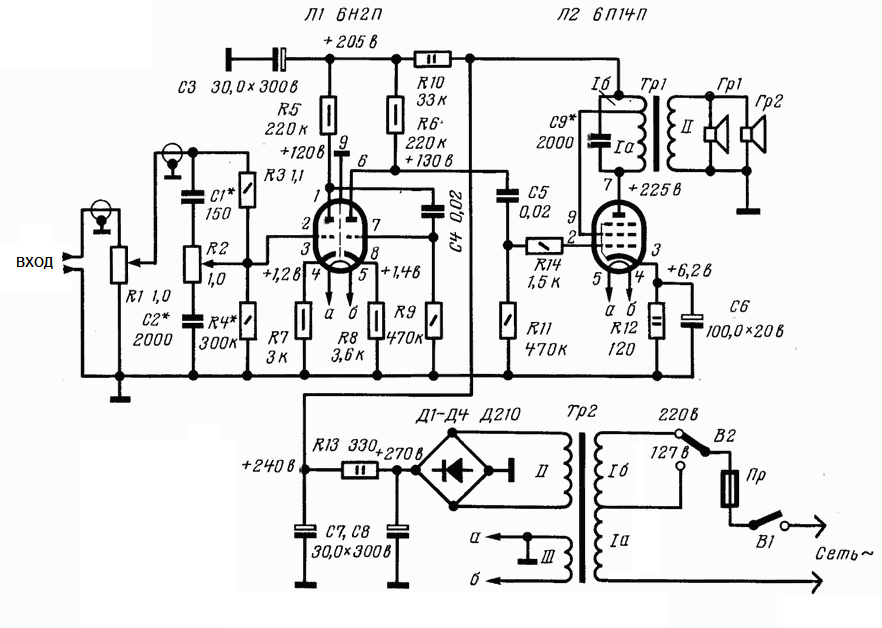 Схема лампового усилителя на 6Н2П, 6П14П (3 Вт)