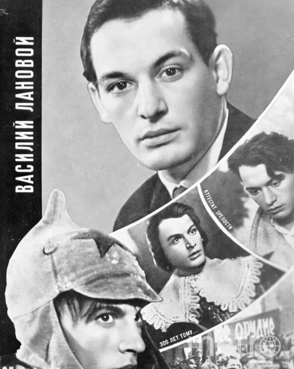    Василий Лановой (из комплекта рекламных открыток "Актёры советского кино"). Фильмы: "Павел Корчагин", 1956, "300 лет тому...", 1956, "Аттестат зрелости", 1954.Открытка из фондов Музея кино