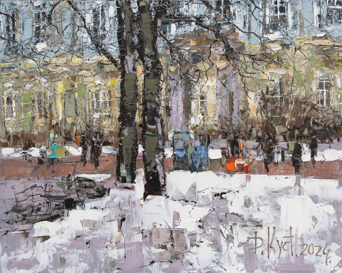 Дмитрий Кустанович. Этюд «Прогулка на Дворцовой», 40х50 см, 2024