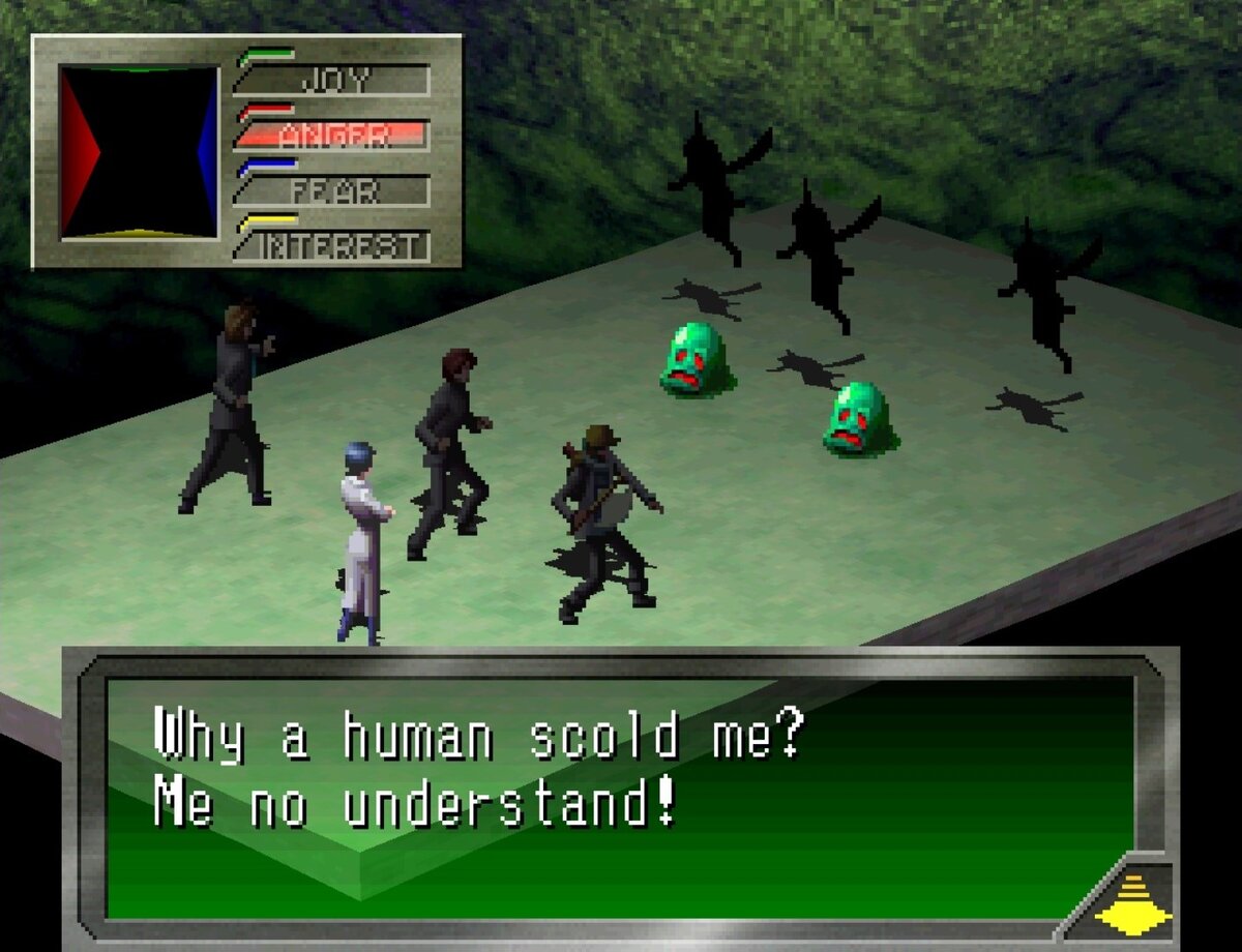 На картинке вы видите, как зеленый монстр становится злым, от действия которое я выбрал.