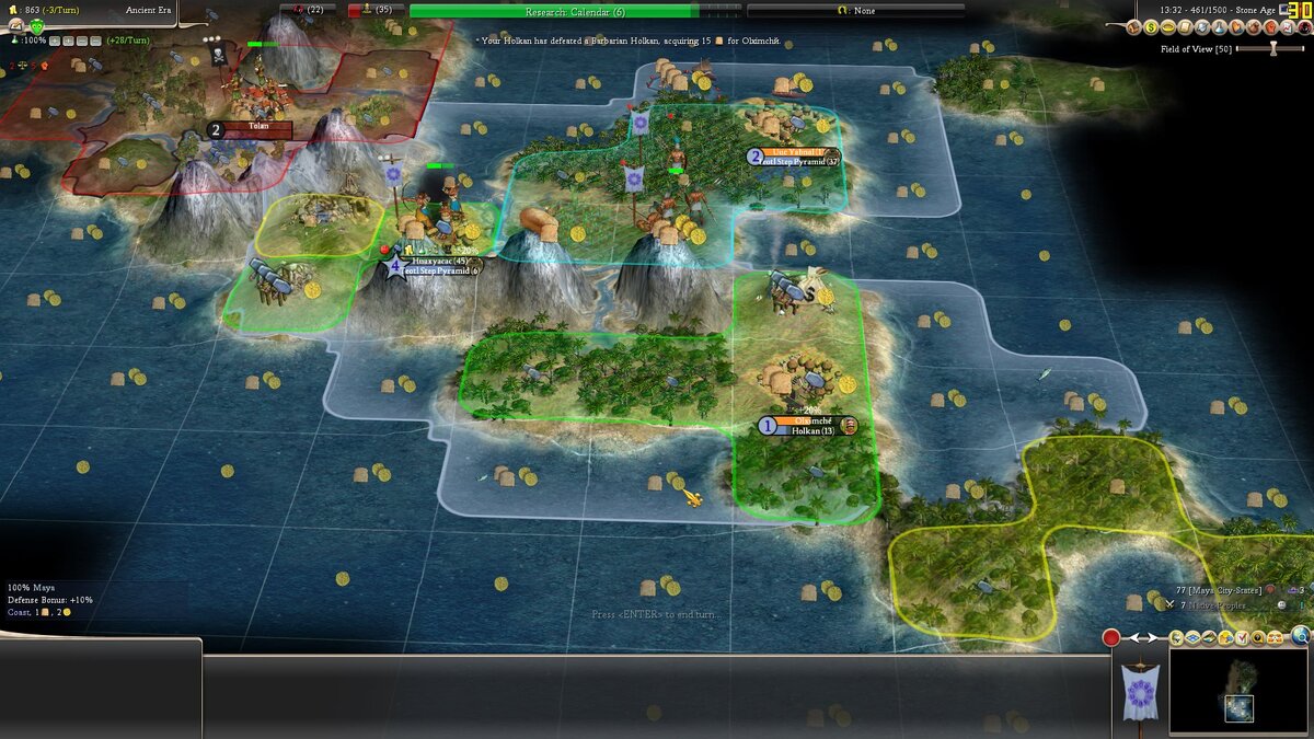 Основание города блокирует появление варваров в одной клетке от него, так что Тикаль, стартовое местоположение поселенца и отрядов Майя, оказался в центре между тремя моими городами и наиболее частым появлением варваров.