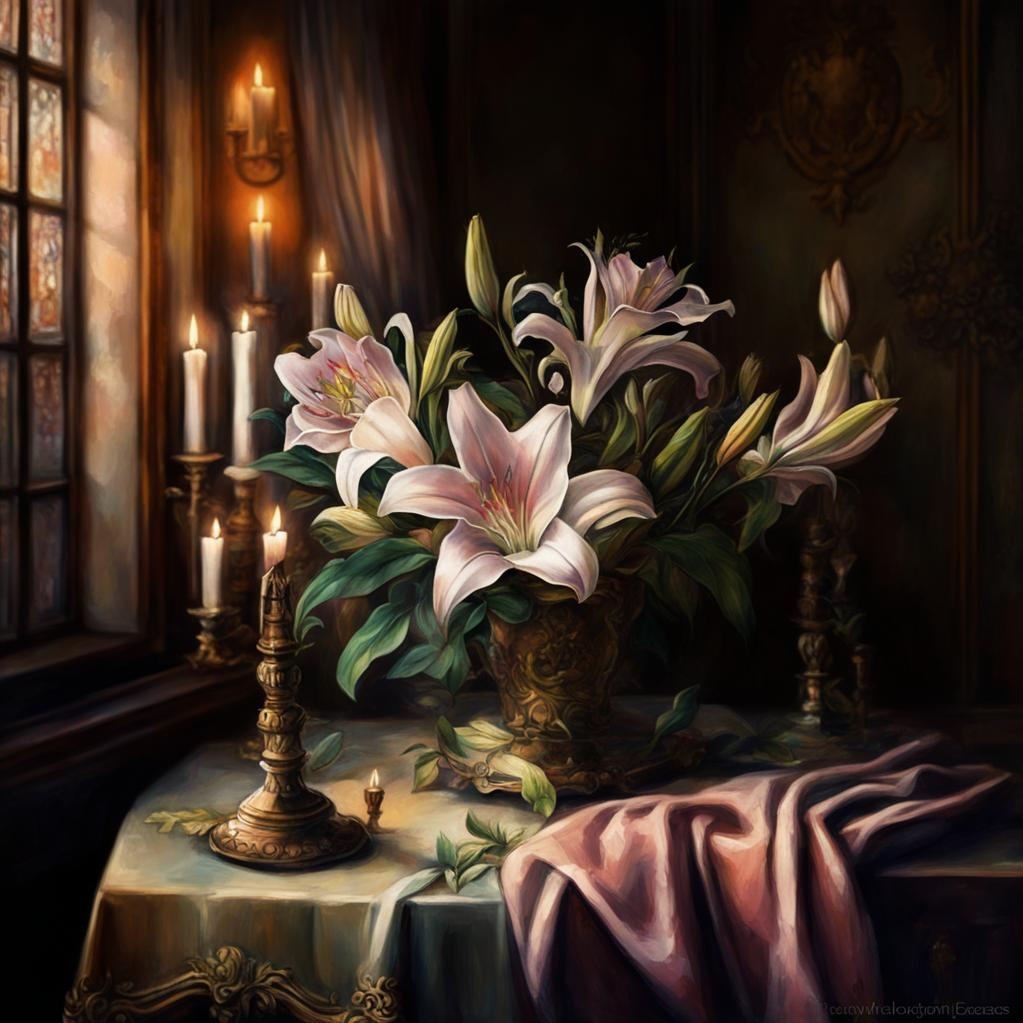 Букет лилий. Натюрморт. Холст. Масло. картинка создана нейросетью.