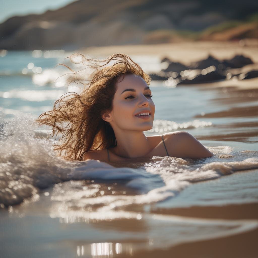 Девушка купается в озере