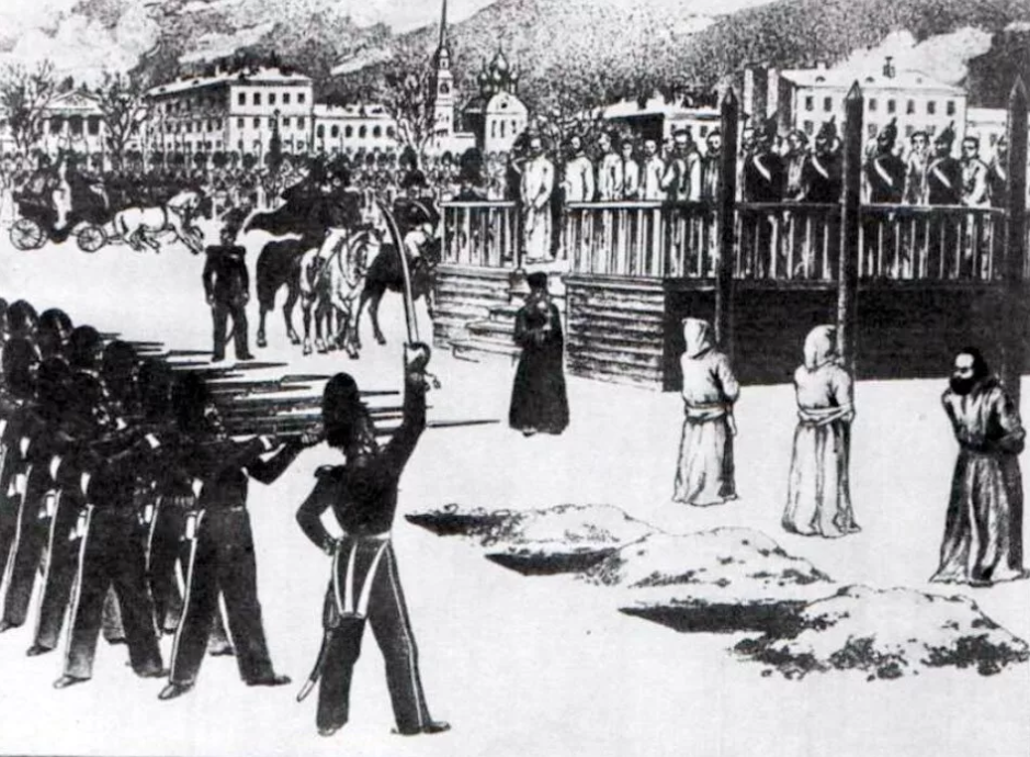 «Обряд казни на Семёновском плацу», рисунок Б. Покровского, 1849 год.