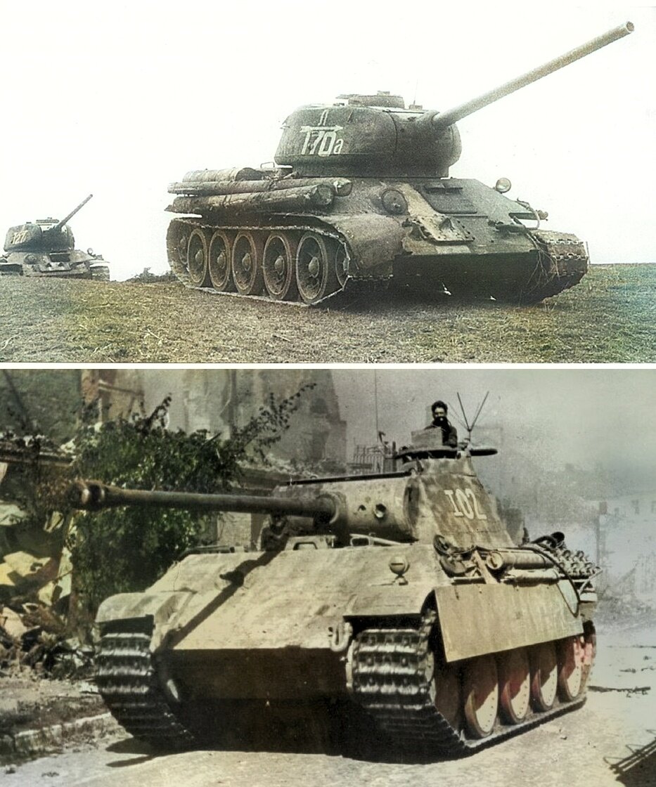 Внешнее сравнение Т-34-85 (вверху) с Пантерой (внизу). Даже не зная характеристик брони, немецкий танк выглядит гораздо мощнее 
