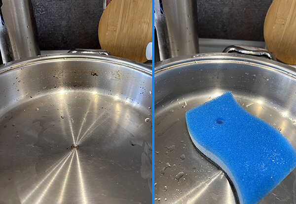 Те загрязнения, которые я иногда снимаю суперсредством с уровнем PH 13 под нагревом, губка Атоми убирает без усилий