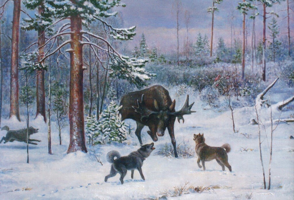 Про лося и волка. Картина охота. Охотник в лесу зимой в живописи. Охота в живописи. Картины охота с лайкой.