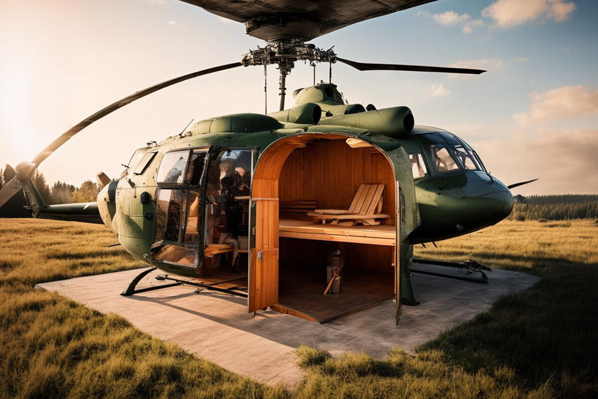 Югорчанин смастерил сауну внутри вертолета.  Фото: Изображение сгенерировано нейросетью Kandinsky 2.2