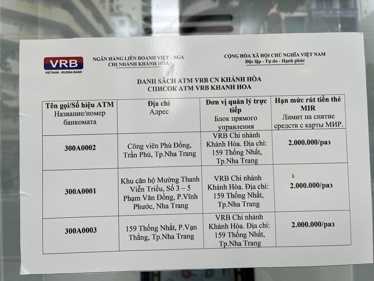 Объявление на двери банкомата VRB