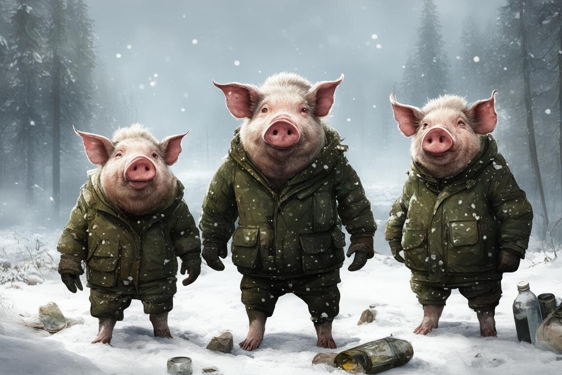 Хрюшки на замусоренной опушке. Нейросеть Kandisnky 3.0.