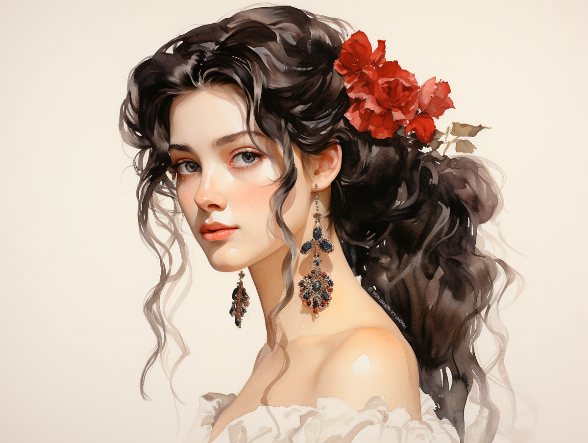 Портрет молодой девушке с красным цветком в волосах / © WOH (Darya Vyunova)