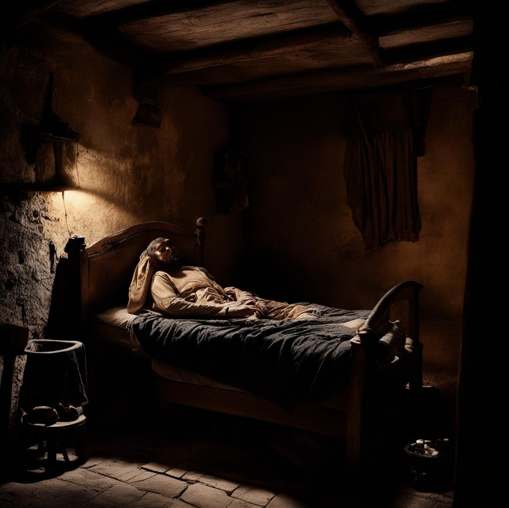 Больной в каморке. Картинка создана мною в студии Kandinsky 3.0 