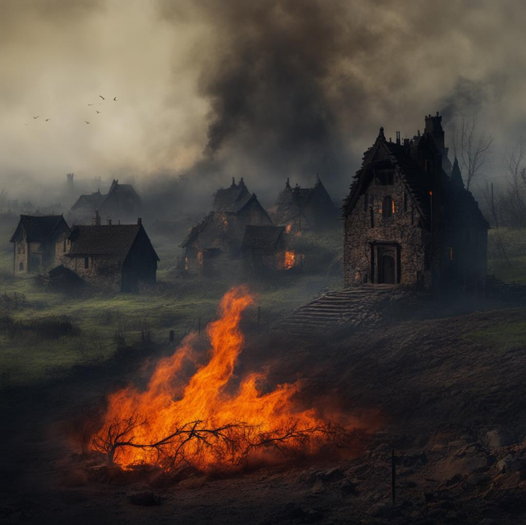 Пожар в деревне Грустные Улыбки. Картинка создана мною в студии Kandinsky 3.0 