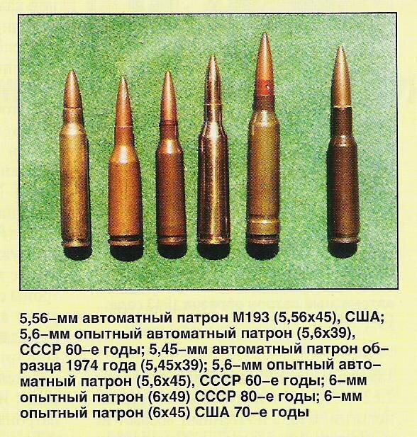 5,56х45 мм НАТО (первый слева) и 5,6х39 мм (второй слева).