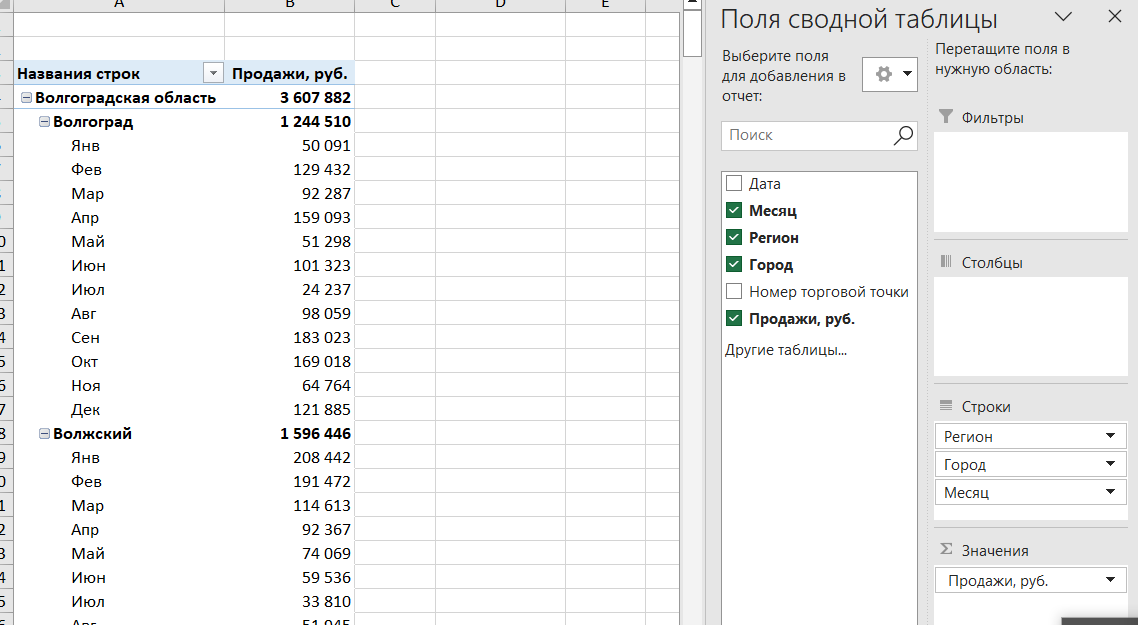 Работа со сводными таблицами Excel